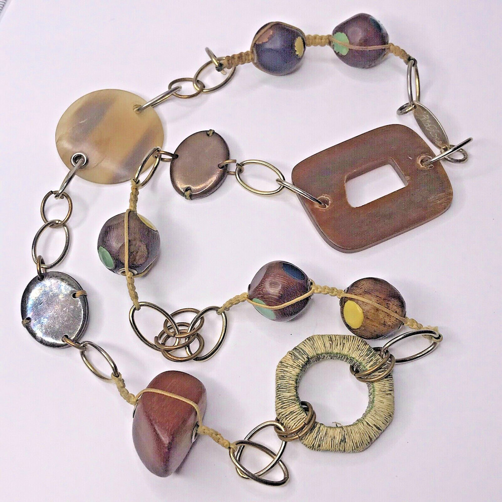 Lela Rose Necklace Wood Resin Stone Long Modernist ART Gold‎ Tone